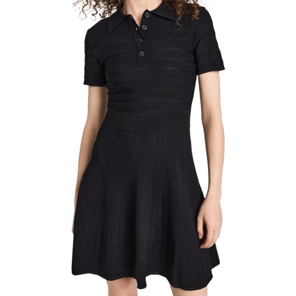 Shoshanna Minoa Mini Dress Black Open Weave Knit Short Sleeves Collared XS